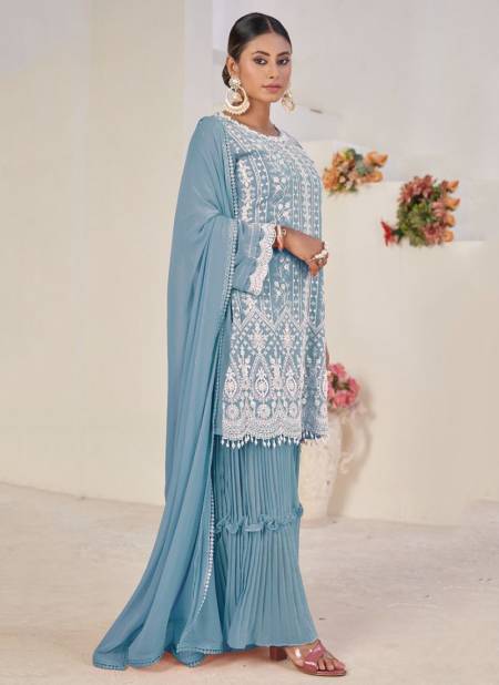 Sky Blue Colour CRAFTED NEEDLE New Latest Designer Formal Wear Georgette Salwar Suit Collection 514 B